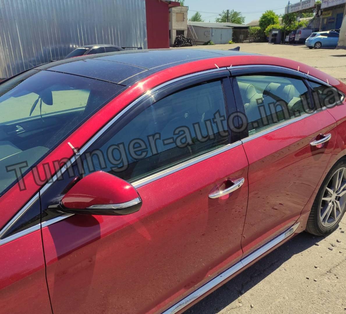 Дефлектори вікон із хром молдингом (вітровики) Hyundai Sonata LF 2014-2019 6 шт. (Autoclover/D940/Корея)