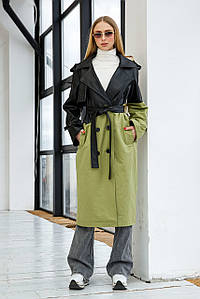 Тренч жіночий осінній двоколірний комбінований з еко-шкіри відкладний комір з поясом оливковий