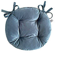 Подушка на стулья кресла, табурет 30х8 голубая велюровая с двумя завязками