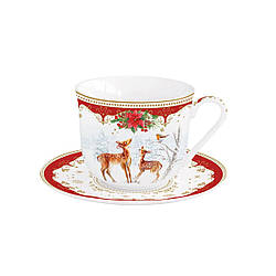 Новорічна чашка порцелянова з блюдцем Різдвяна мелодія 370 мл
