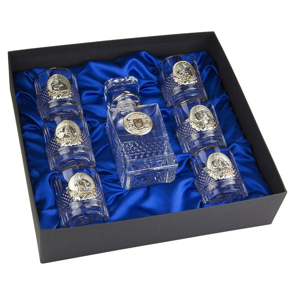 Набір для віскі Гербовий з козаками 7 предметів Boss Crystal, графин, 6 келихів, срібло, золото, кришталь