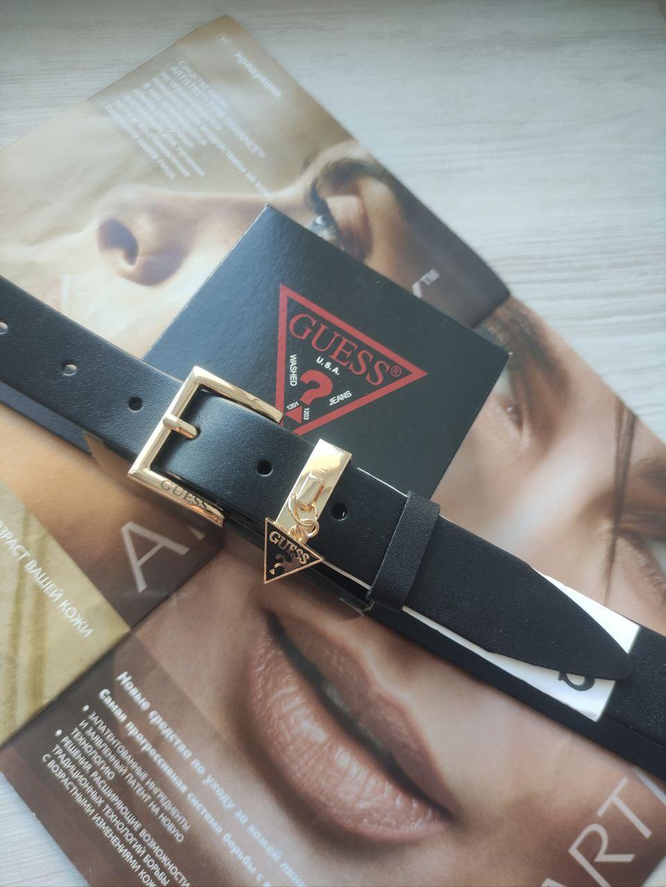 Жіночий шкіряний ремінь Guess пряжка золото, фото 1