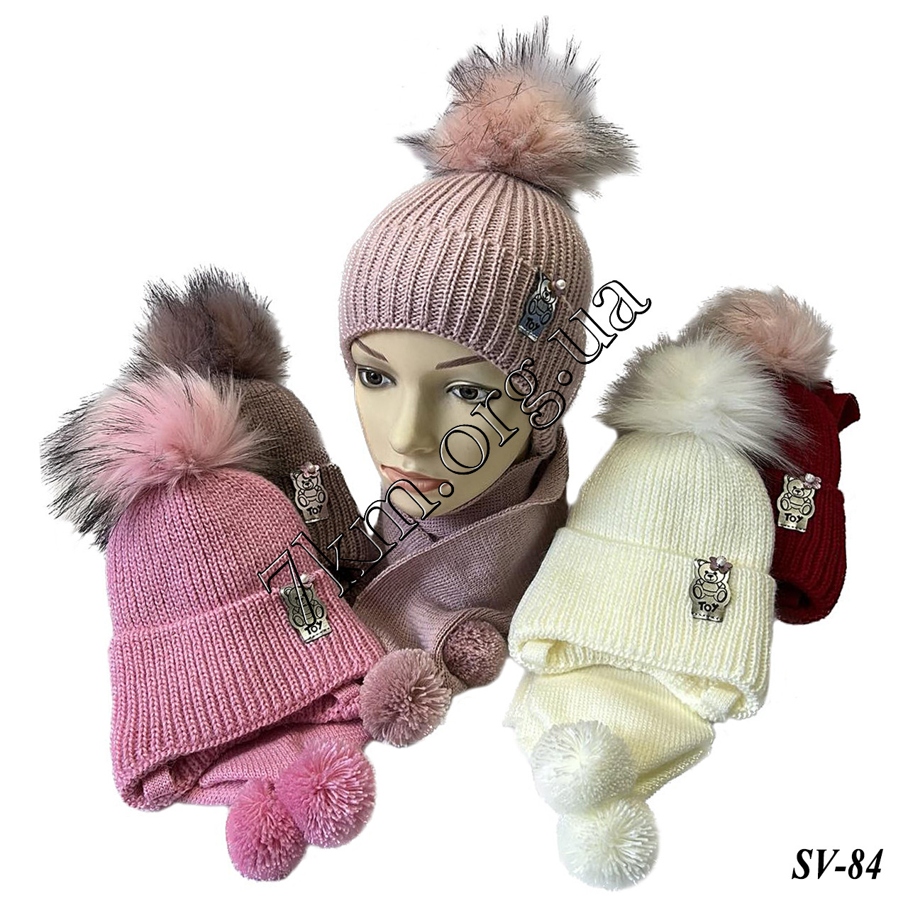 Набір дитячого в'язання шапка на флісі + шарф для дівчаток до 2 років "TOY" Оптом SV-84, фото 1