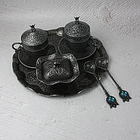 Турецький набір #141 для подачі кави - 110 мл демітас, на підносі, темне срібло