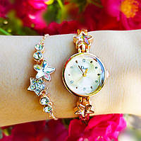 Жіночий наручний годинник на металічному ремінці з браслетом прикрашений камінцями у вигляді зірки та подарунковою коробкою