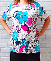 Оптом летняя футболка женская белая в ярких цветах, трикотажные футболки для женщин р.50 54 58 62