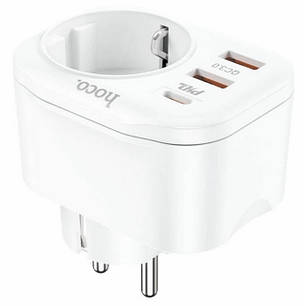 Адаптер мережевий 1 розетка + 2USB + Type-C + QC HOCO NS3 White N, фото 1