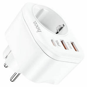 Адаптер мережевий 1 розетка + 2USB + Type-C + QC HOCO NS3 White N, фото 3