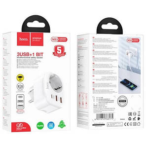 Адаптер мережевий 1 розетка + 2USB + Type-C + QC HOCO NS3 White N, фото 4