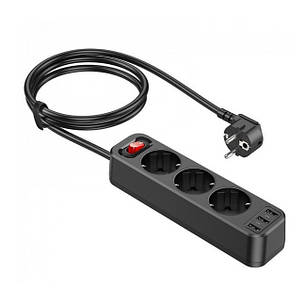 Мережевий подовжувач 1.8 метра 3 розетки + 3USB HOCO NS2 Black N, фото 3