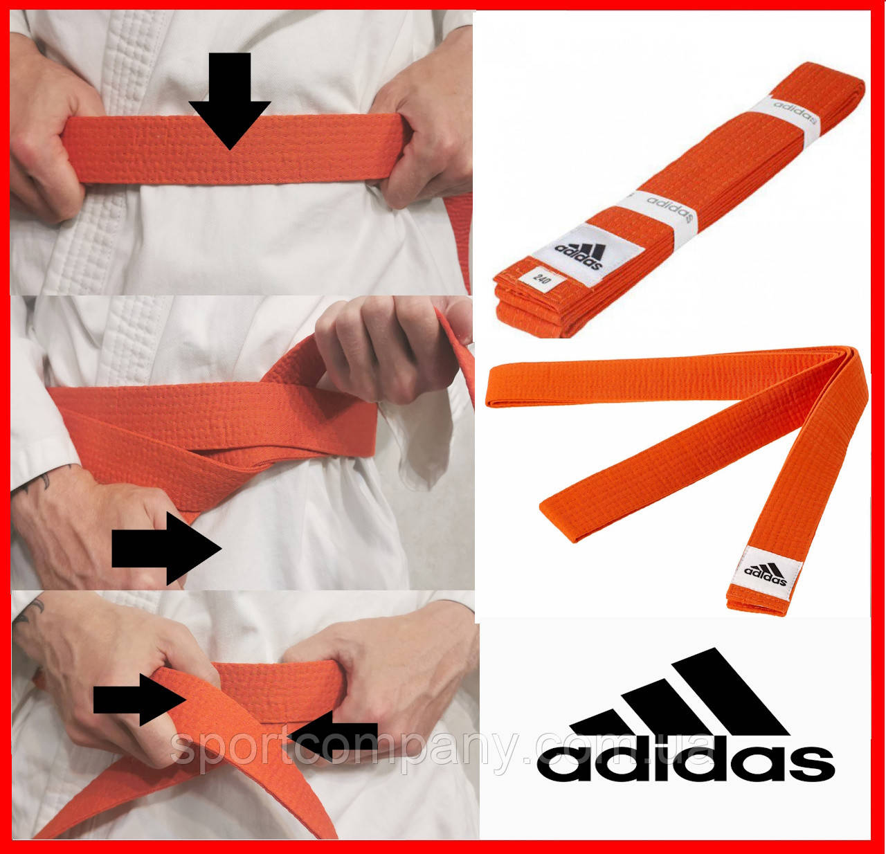 Пояс для кімоно карате тхекводо дзюдо айкідо ADIDAS Club помаранчевий одяг бойових єдиноборств