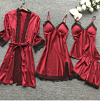 Комплект для сна халат с пижамным набором в бордовом цвете