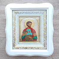 Икона Иоанн воин святой, лик 10х12 см, в белом фигурном деревянном киоте