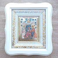 Ікона Бесідна Пресвята Богородиця, лик 10х12 см, у білому фігурному дерев'яному кіоті