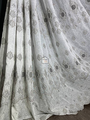 Тканина для тюля льон «з вишитим візерунком білий з сірим», лу3