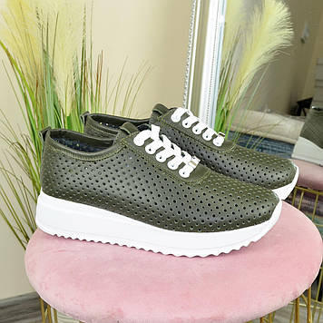 Мокасини шкіряні жіночі, наскрізна перфорація. Колір зелений. 41 розмір