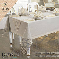 Льняная скатерть с ранером Selin Selin Duygu Set 160×300+12 салфеток Кремовый