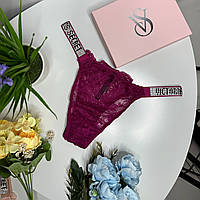Мереживні жіночі трусики Victoria's Secret темно-фіолетові, мереживні труси зі стразами та камінням
