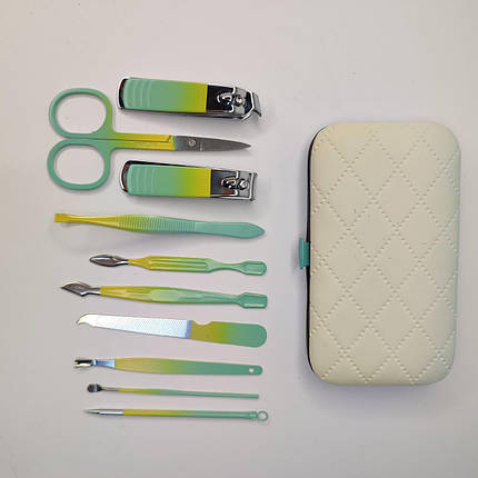 Портативний набір для манікюру/педикюру на 10 предметів м'ятно-жовтий у м'якому кейсі (240), фото 1