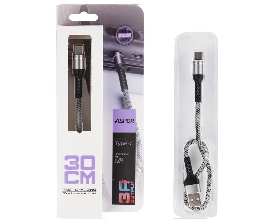 USB кабель Aspor A165 Type-C Fast Charge 3A/0.3м- сірий, фото 1