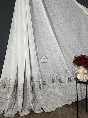 Тканина для тюля льон з візерунком і «вишитим сірим низом»