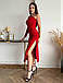 Витончене вечірнє довге плаття з одним рукавом та розрізом, червоне, фото 3