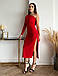 Витончене вечірнє довге плаття з одним рукавом та розрізом, червоне, фото 2