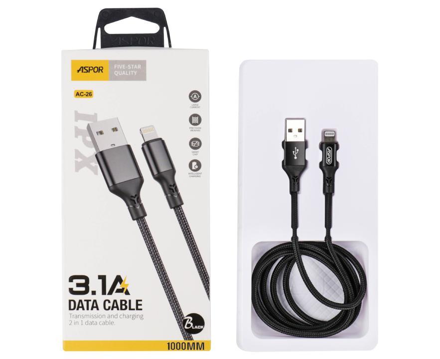 USB кабель Aspor AC-26 Lightning Intelligent Charging 3.1A/1м- чорний