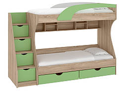 Ліжко дитяче двоярусне з ящиками Кадет МДФ дуб сонома + фісташка