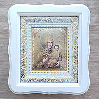 Ікона Акафістна-Зогравська Пресвята Богородиця, лик 10х12 см, у білому фігурному дерев'яному кіоті