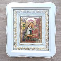 Ікона Взискання загиблих Пресвятої Богородиці, лик 10х12 см, у білому фігурному дерев'яному кіоті