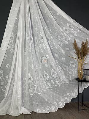 Тканина для тюлю льон білий «з вишитим візерунком», лу8