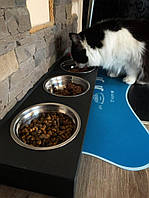 Миска для котов и собак Тройная 50х15х6см 600 мл Черная, железная миска на деревянной подставке