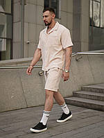Мужской летний вельветовый костюм бежевый стильный ,Молодежный бежевый вельвет комплект на лето Шорты +Рубашка