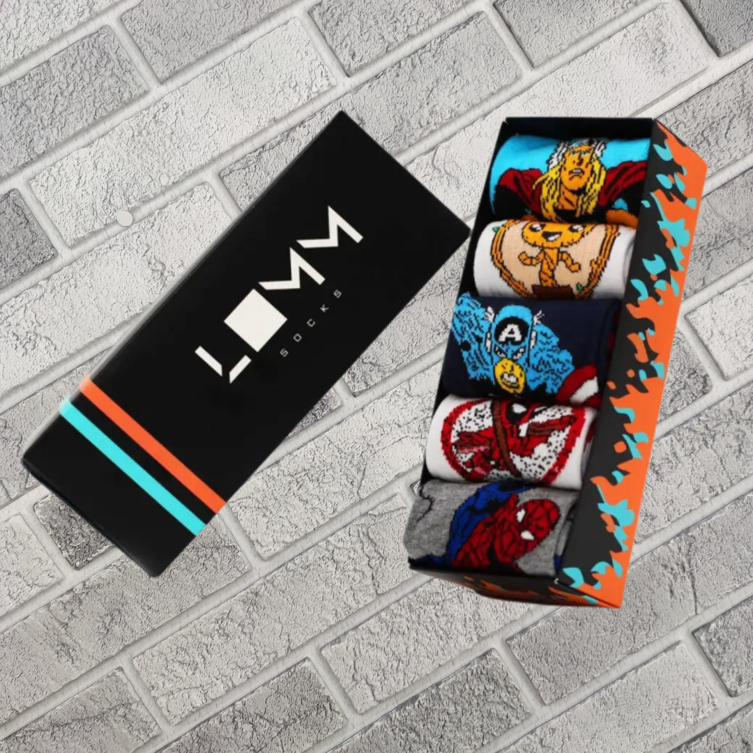 НАБІР ШКАРПЕТОК ONE SIZE ДЕМІСЕЗОННІ ВИСОКА ГУМКА У ПОДАРУНОЧНІЙ КОРОБЦІ (5 ПАР) №103 MARVEL FAN 30033674, фото 1