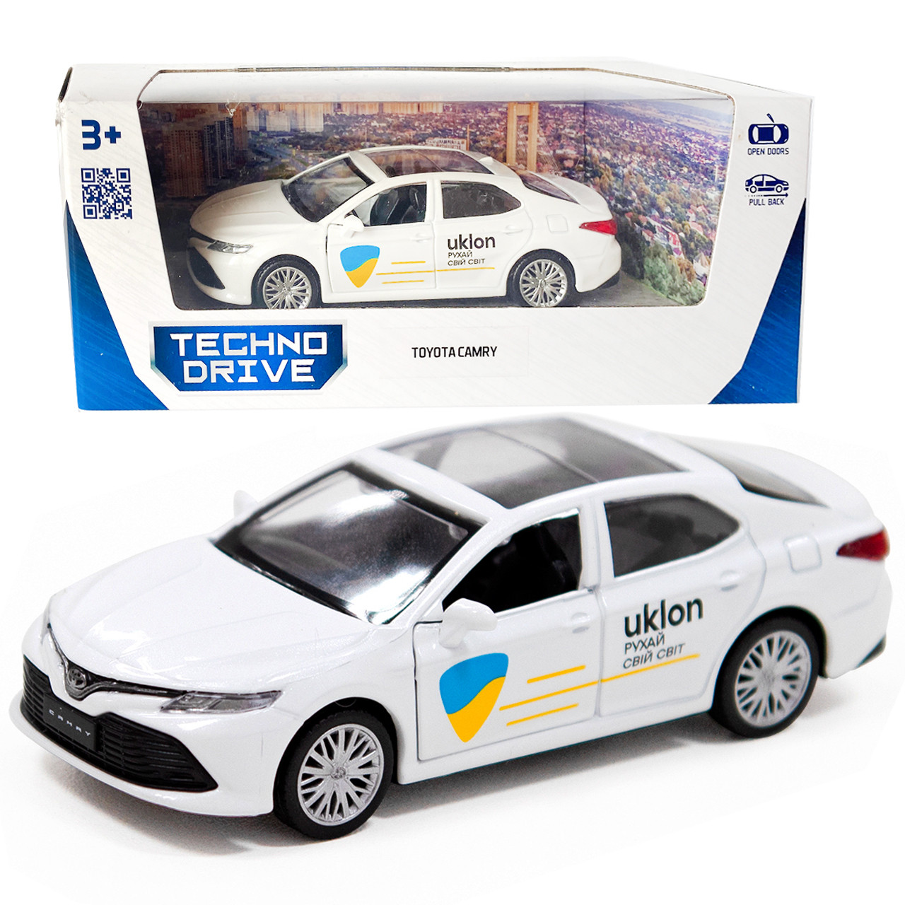Машинка металева Toyota Camry Uklon, Тойота Кемрі Уклон, білий, таксі, відкриваються двері, 5*11*3см (250291), фото 1