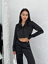 Сатиновий жіночий костюм у піжамному стилі укорочена сорочка на ґудзиках та вільні брюки Ds5598, фото 3