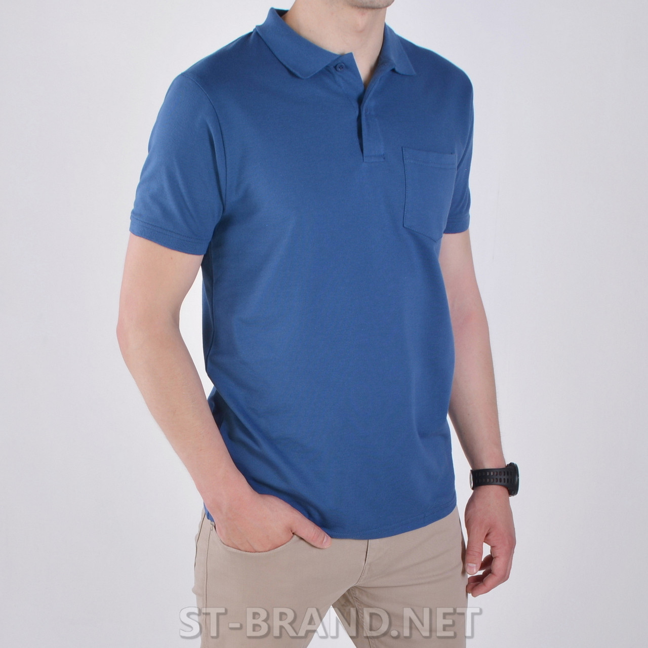 Розміри: M (48).Чоловіча однотонна футболка поло з кишенею 100% бавовна, теніска - синя