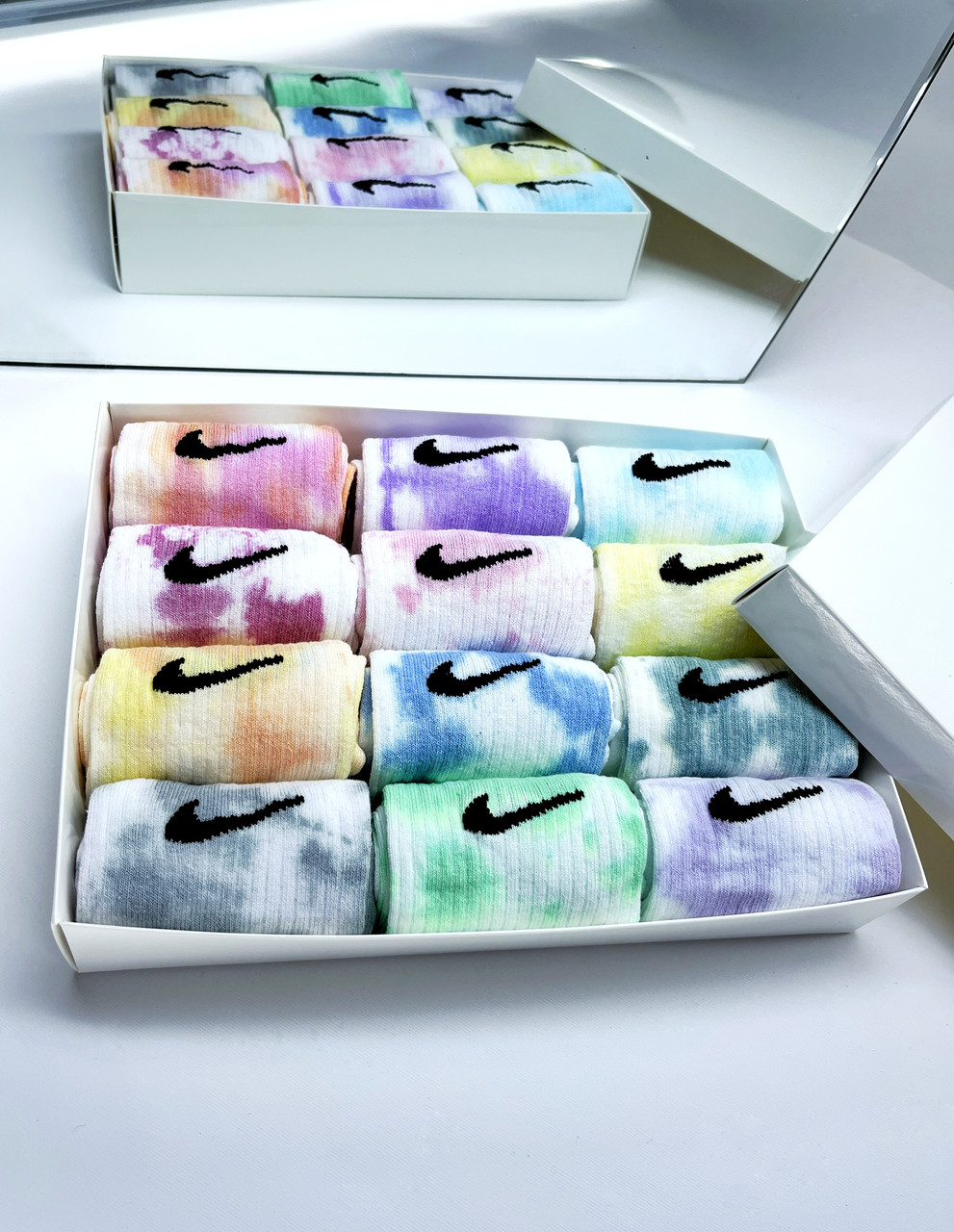 Набір у коробці 12 пар високі чоловічі шкарпетки Nike/найк — Tie-Dye кольорові Подарунковий тай дай