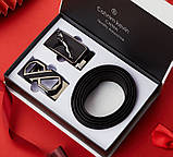 Чоловічий шкіряний ремінь автомат із двома пряжками. Чоловічий подарунковий набір у коробці (чорний), фото 5