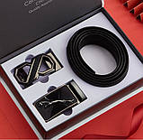 Чоловічий шкіряний ремінь автомат із двома пряжками. Чоловічий подарунковий набір у коробці (чорний), фото 3