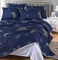 Сатиновый комплект постельного белья с одеялом евро натуральный хлопок 200*230 см темно-синий