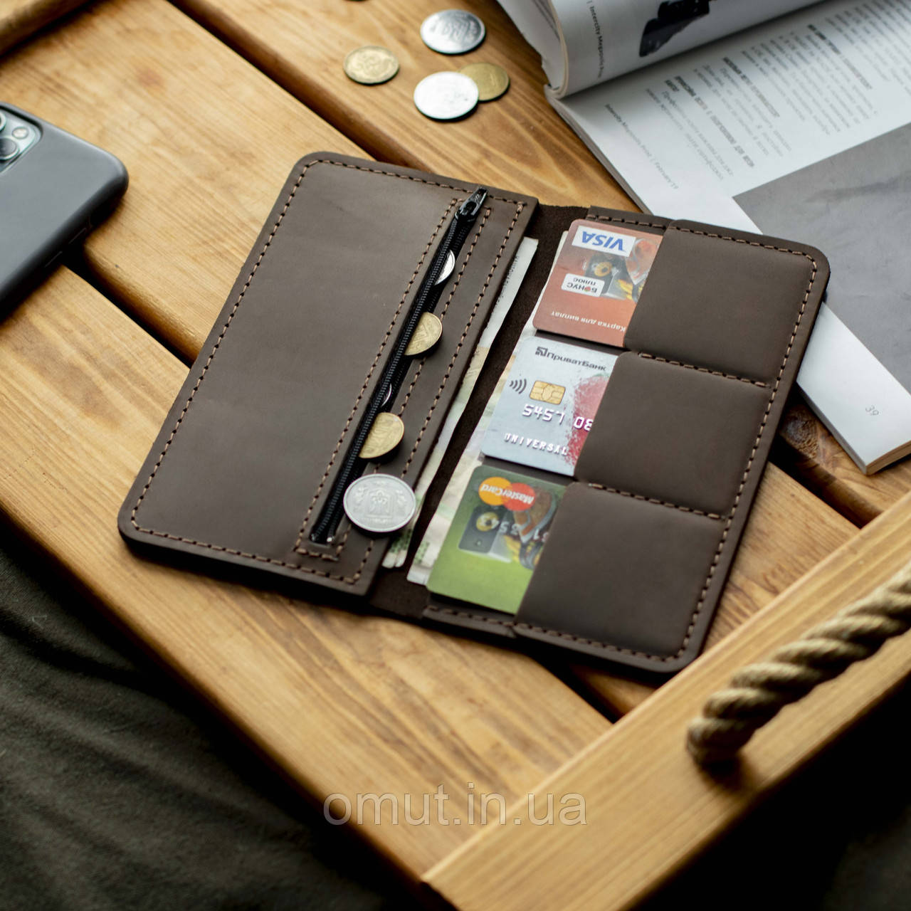 Чоловічий шкіряний портмоне натуральна шкіра Lokki гаманець ручної роботи з відділом для карт коричневий, фото 1