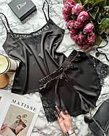 Женская домашняя одежда женская шелковая пижама с кружевом пижамный комплект черный майка + шорты