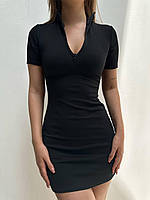 Силуэтное черное женское базовое платье мини в рубчик