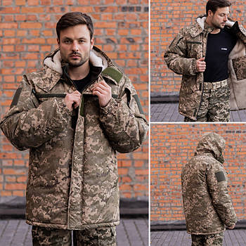 Куртка-бушлат військова чоловіча тактична мікро рип-стоп плащівка на хутрі ЗСУ Пиксель 9164 54 розмір