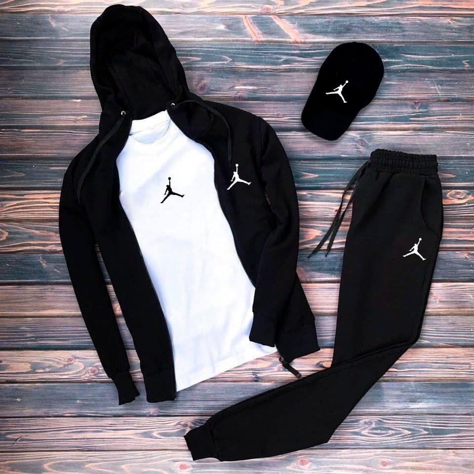 Чоловічий спортивний костюм чорний Jordan | Комплект чоловічий кофта + штани + футболка + кепка Джордан