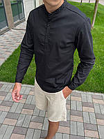 Рубашка льняная мужская классическая Ram черная | Рубашка повседневная с длинным рукавом лен на лето