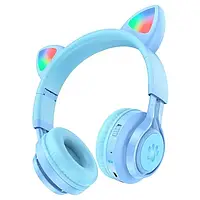 Наушники беспроводные с микрофоном Hoco W39 |bluetooth 5.3, AUX, 10H, RGB подсветка| кошачьи ушки Blue