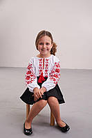 Вышиванка для девочки "Фиалка", детская блузка-вышиванка белая с красной вышивкой гладью 110
